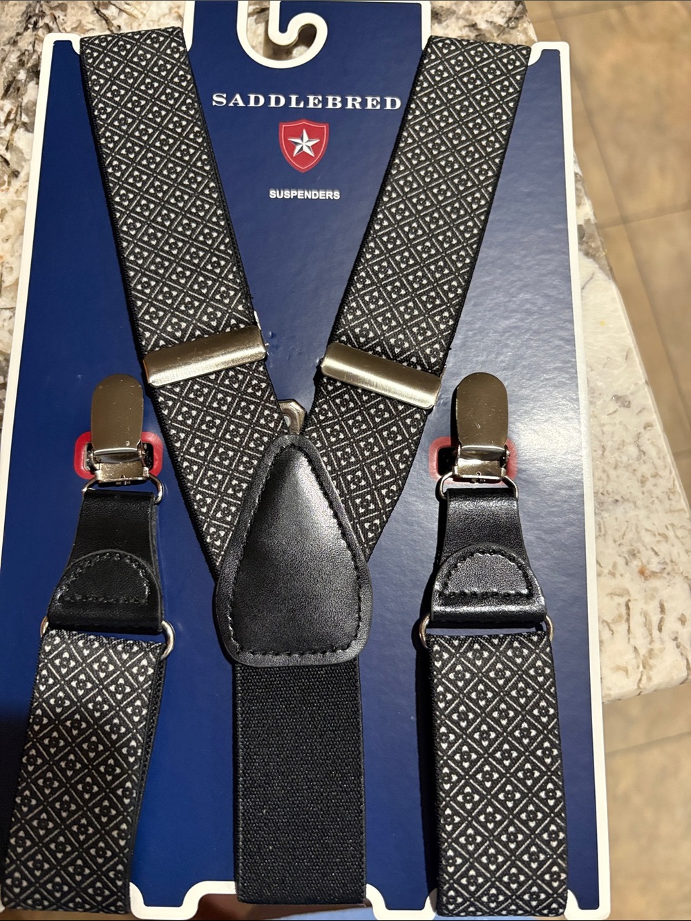 Saddlebred Black & White Diamond-Pattern Suspenders